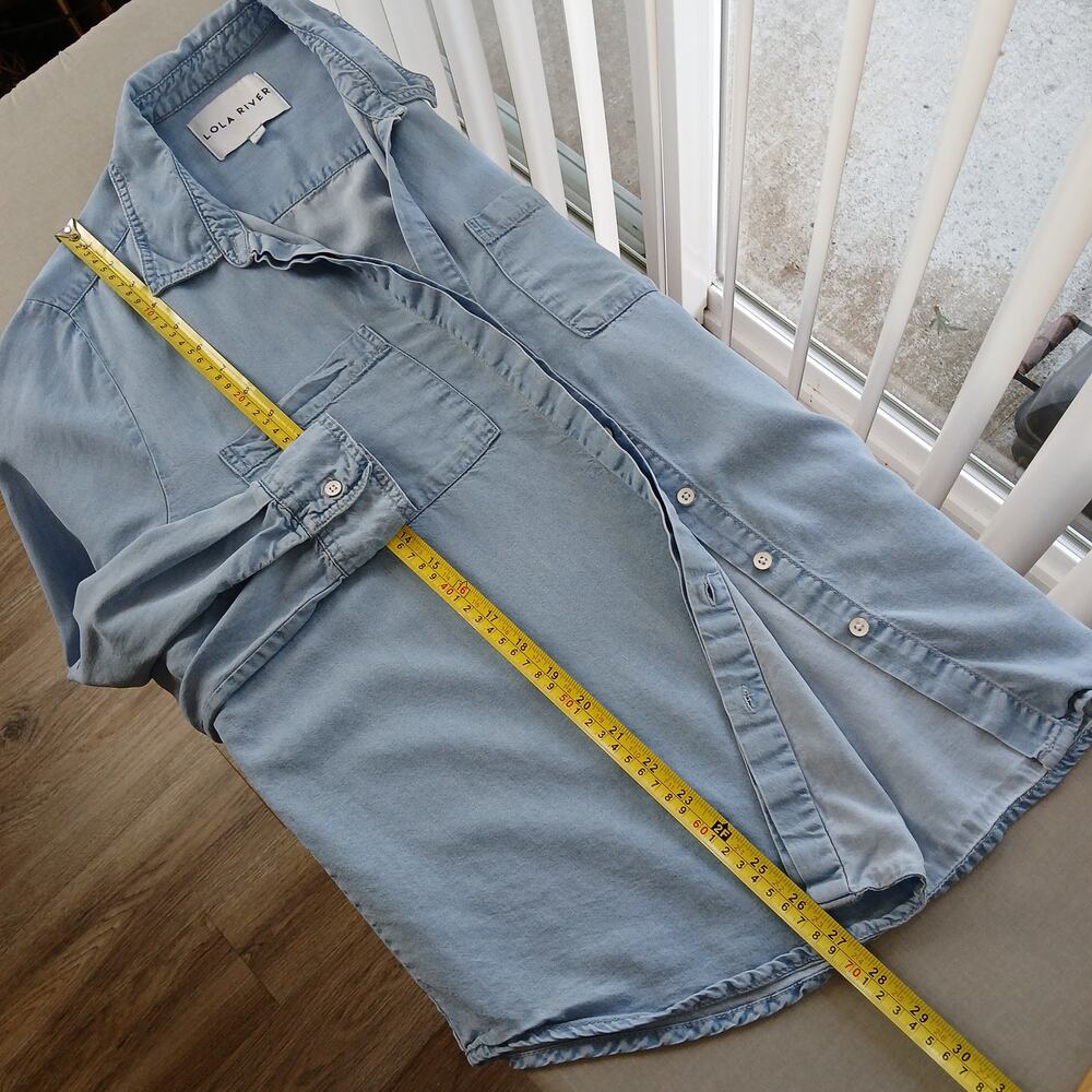 Lola River Chambray Shirt XL blue denim Tencel Lyocell blouse roll sleeve button - Picture 12 of 13